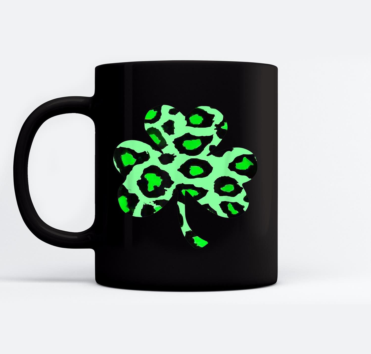 Green Leopard Lucky Clover for St. Patrick’s Day Black Mugs