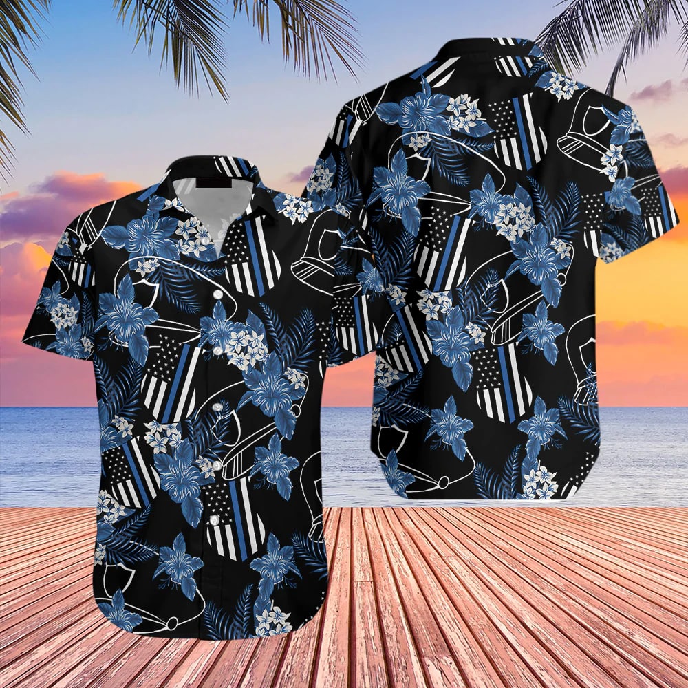 Blue Hibiscus Policeman All Over Print Hawaii Shirt Police Ha2435