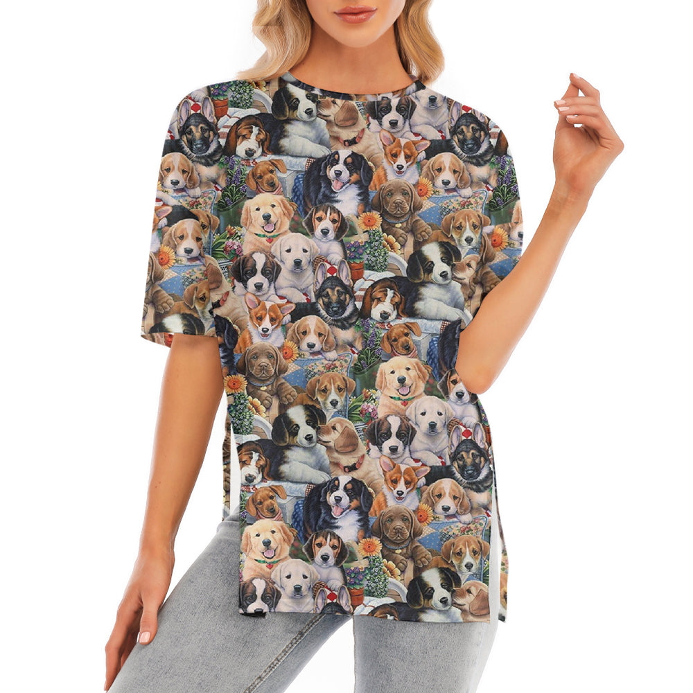 All Over Print Adorable Puppy Short Sleeve T-Shirt With Hem Split