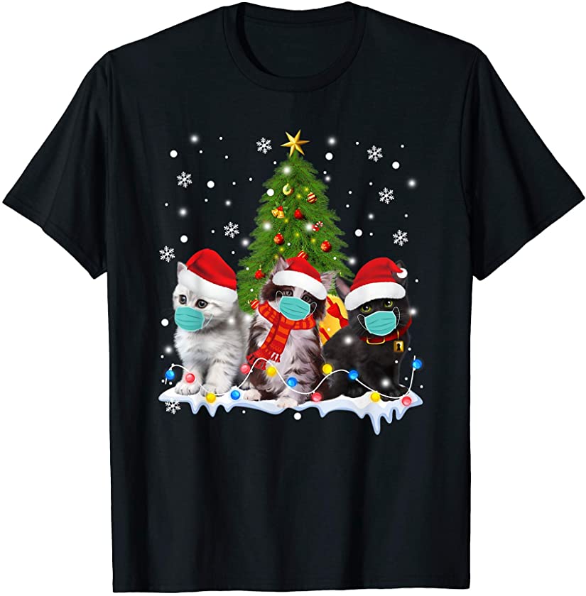 Cats Wear Masks and Santa Hats Christmas Tree Kitten Gift T-Shirt