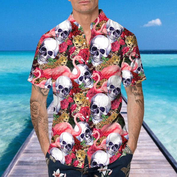 Skull With Flamingo And Leopard 3D All Over Printed Hawaiian Shirt