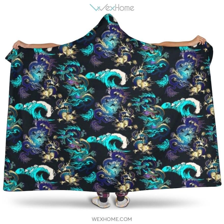 Dragon Sea Wave Pattern Hooded Blanket