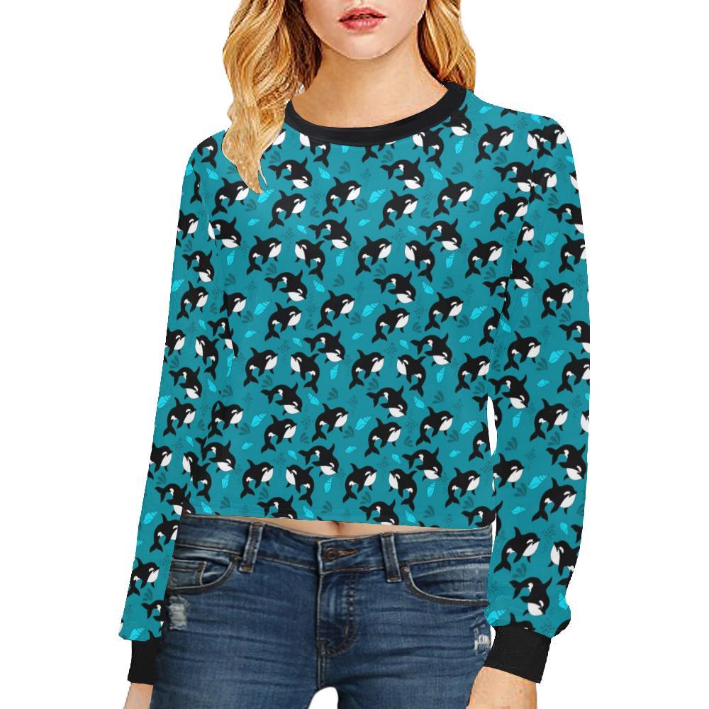 Whale Sea Design Themed Print Cropped Pullover Sweatshirt