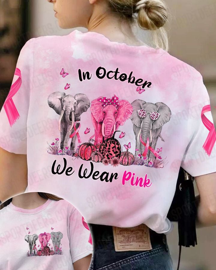 Breast Cancer Awareness Elephant In October We Wear Pink – All Over Print T-Shirt S M L Xl 2Xl 3Xl 4Xl 5Xl