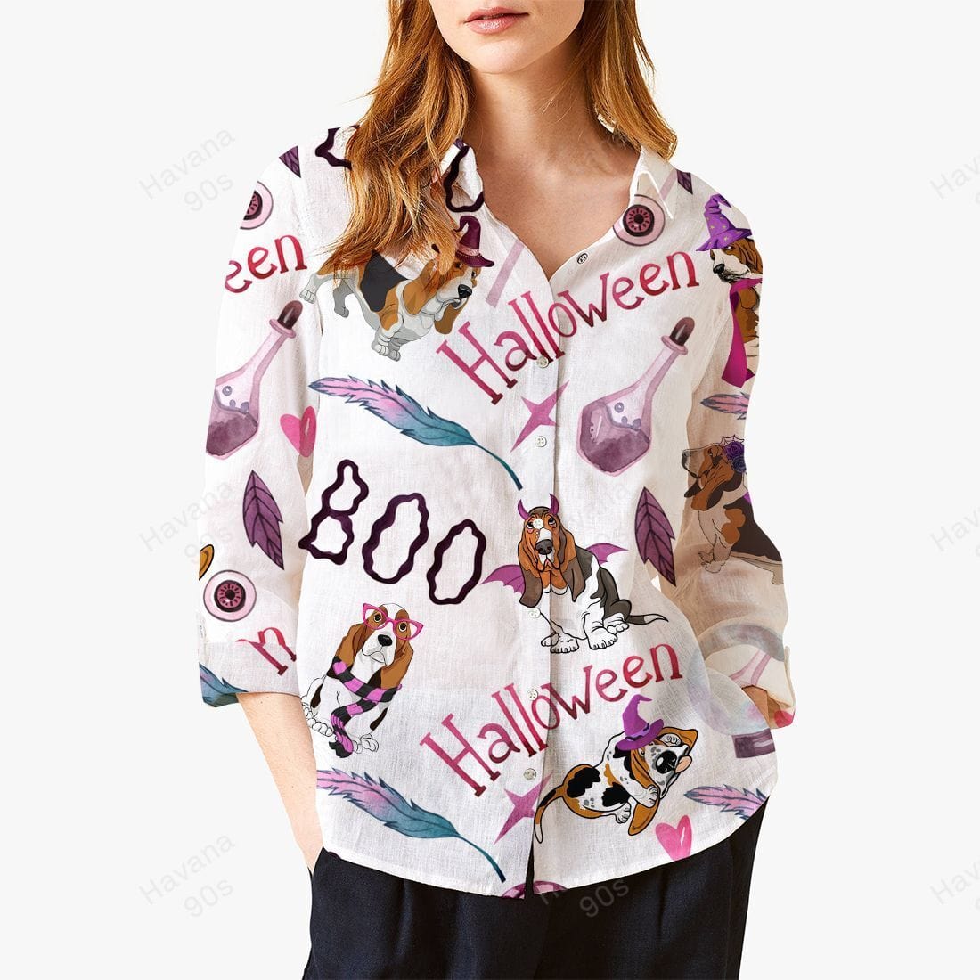 [CityBarks] [Linen Shirt] Basset Hound Halloween Purple Cool