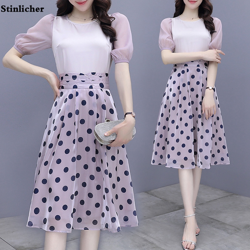 Women Summer Two 2 Piece Set Korean Casual Short Puff Sleeve Polka Dot Tops High Waist Pleated Umbrella Midi Skirt Suit Purple alx