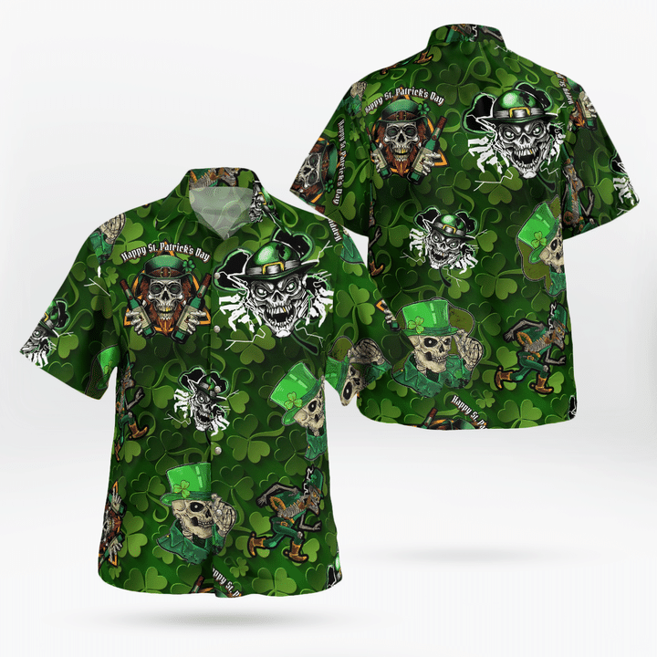 St. Patrick’S Day Skulls Skeletons With Green Hat And Four Leaf Vlover  Hawaii Shirt – Gift For Irish