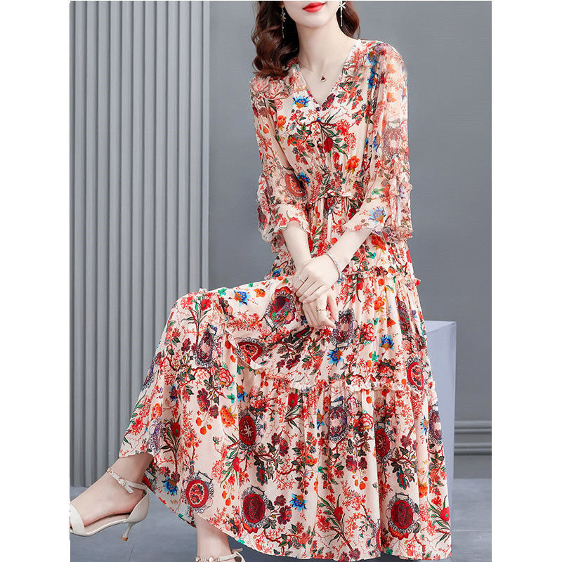 V-Neck Elegant Floral Dresses 2022 Summer Women’s Clothing Midi Fashion All-match Elastic Waist Slim Flare Sleeve Printed Dress alx