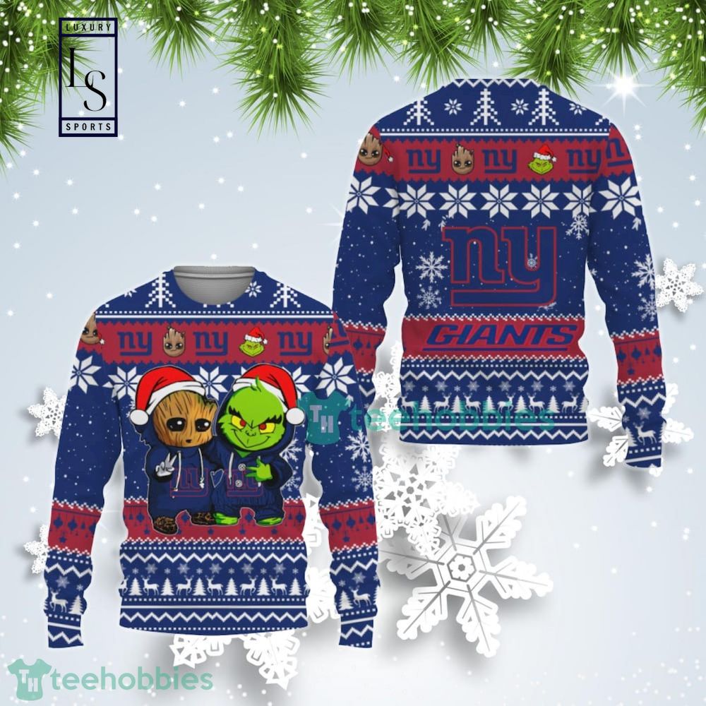 New York Giants Baby Groot And Grinch Best Friends Gift For Fan Ugly Wool Sweater Christmas