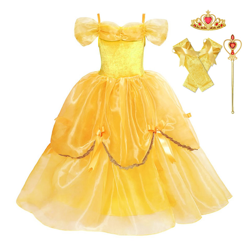 Beauty and The Beast Princess Belle Dress For Girl Gorgeous Yellow Frock For Formal Party Kids Summer Party Outfits Ball Gown alx