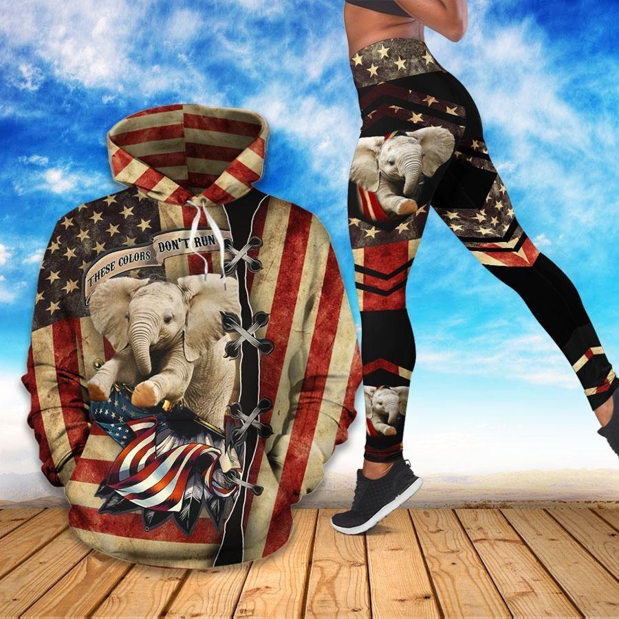 American Elephant All Over Print Leggings Hoodie Set Outfit For Women | Hts1469