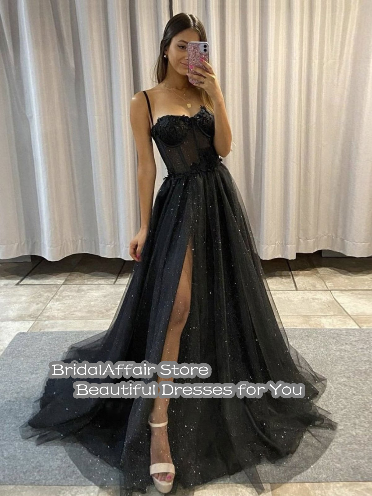 BridalAffair Black Glitter A Line Tulle Prom Dresses Spaghetti Straps Sweetheart Bones Side Slit 3D Flowers Long Evening Gowns alx