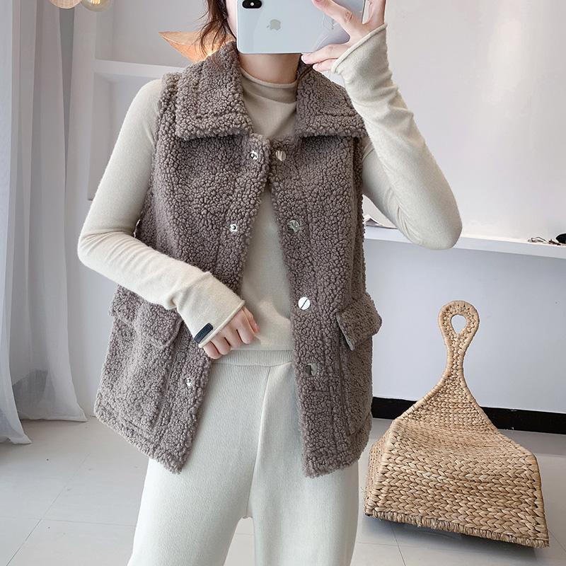 2021 Winter Vest Jacket Women Casual Lamb Wool Thicken Warm Waistcoat Lapel Pocket Hidden Button Outwear Sleeveless Coat Garment alx