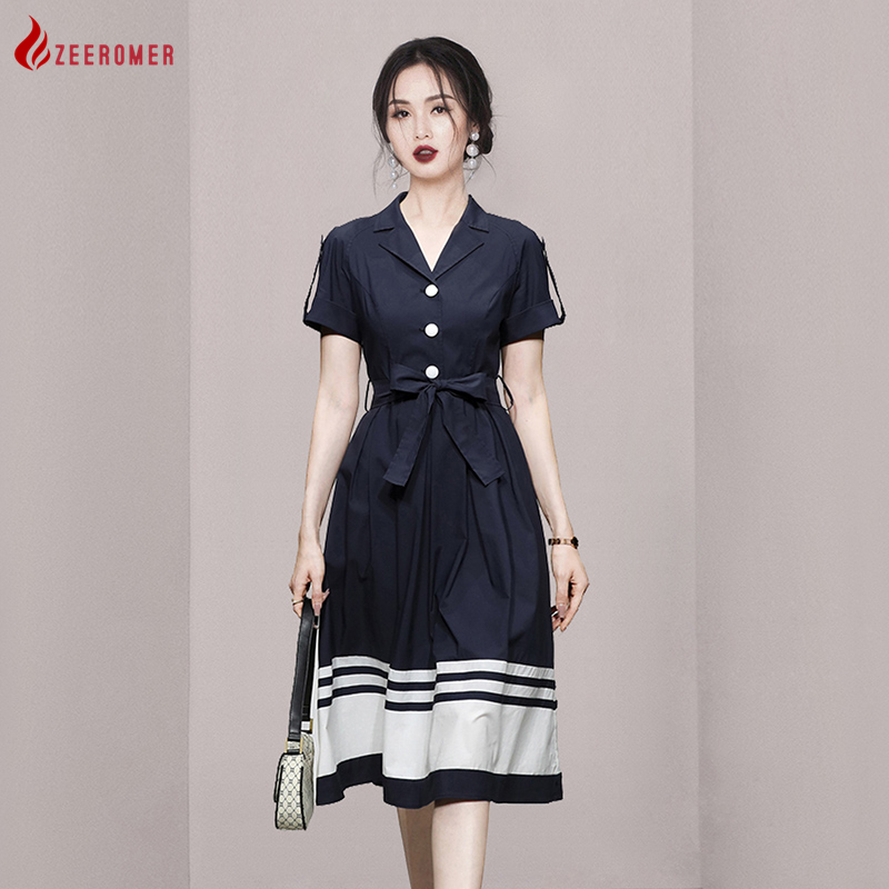 2022 Summer Korean Elegant Suit Collar Short Sleeve Shirt Dress For Women Fashion Contrast Color Stripe Waist A-line Long Skirt alx