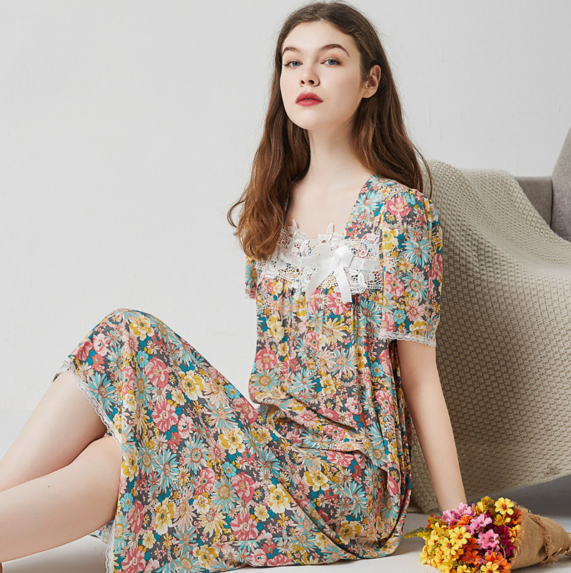 Bohemia Style Summer Long Dress Loose Casual Home Clothes Plus Size Cotton Sleepwear Nightgowns Women Lace Sweet Night Shirt alx