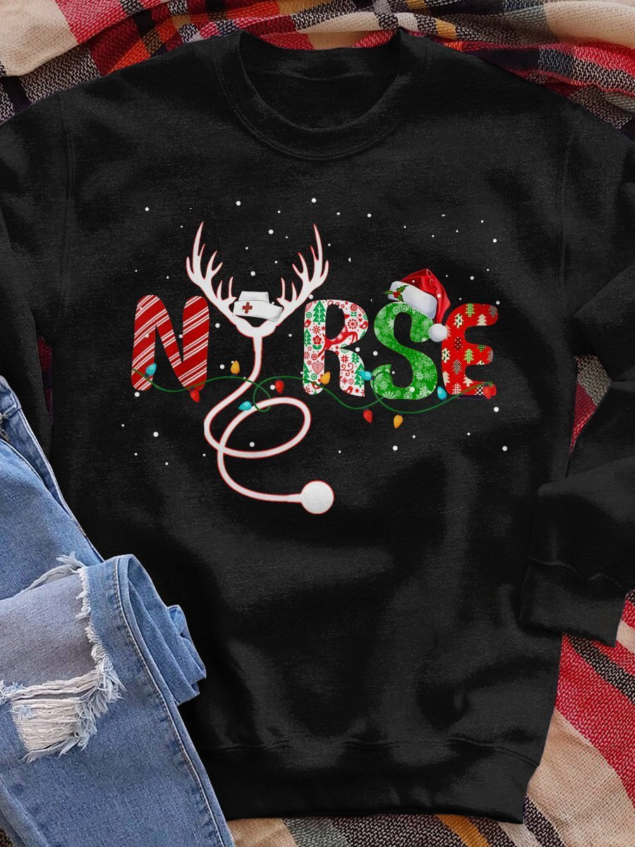 Nurse Snowy Christmas Print Long Sleeve Sweatshirt