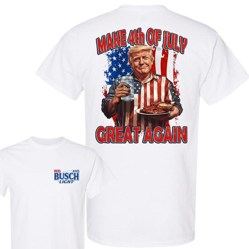 4th of July Trump T-Shirt, Patriotic ‘Make 4th of July Great Again’ Graphic with American Flag & BBQ, Perfect for Beer Lovers & Independence Day Celebrations