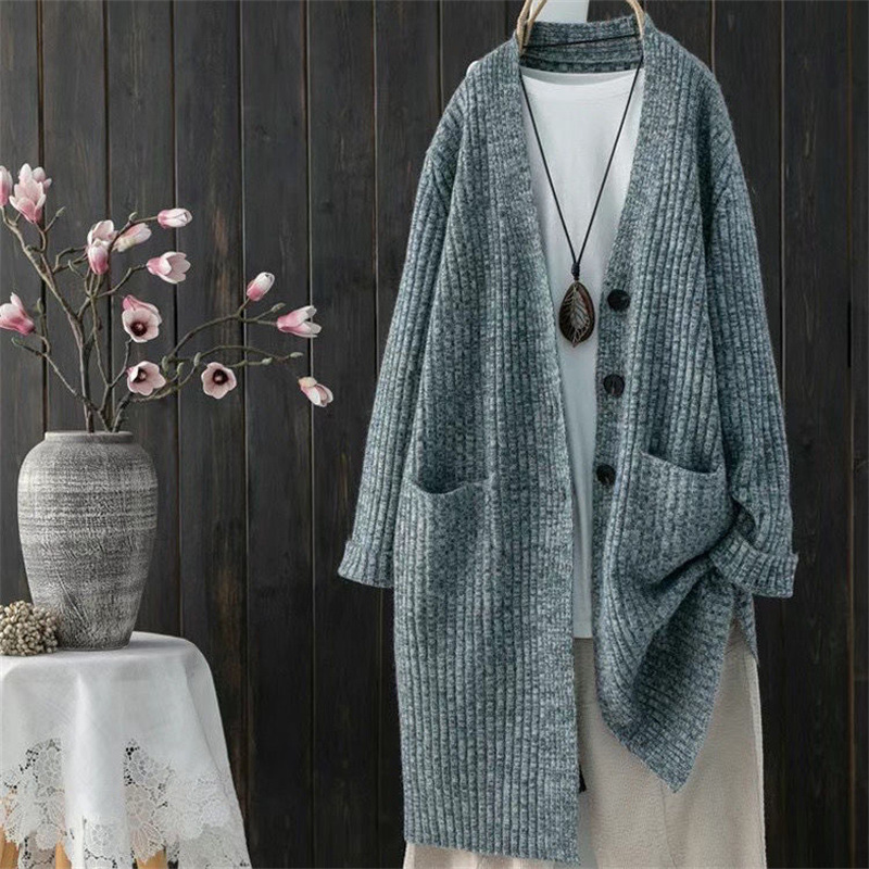 Autumn Winter Knitted Coat Loose Pockets Stitching Cardigan Sweater Women Vintage Single Breasting Long Sleeve V-neck Sweater alx