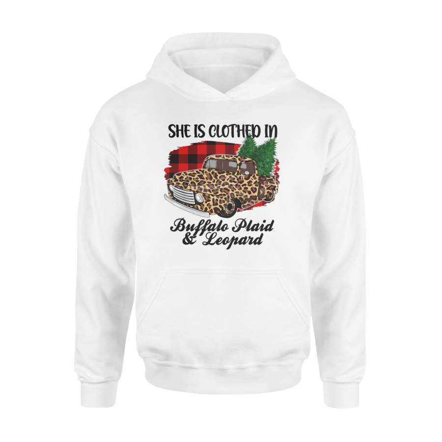 She Is Clothed In Buffalo Plaid And Leopard Funny Christmas Truck Hoodie