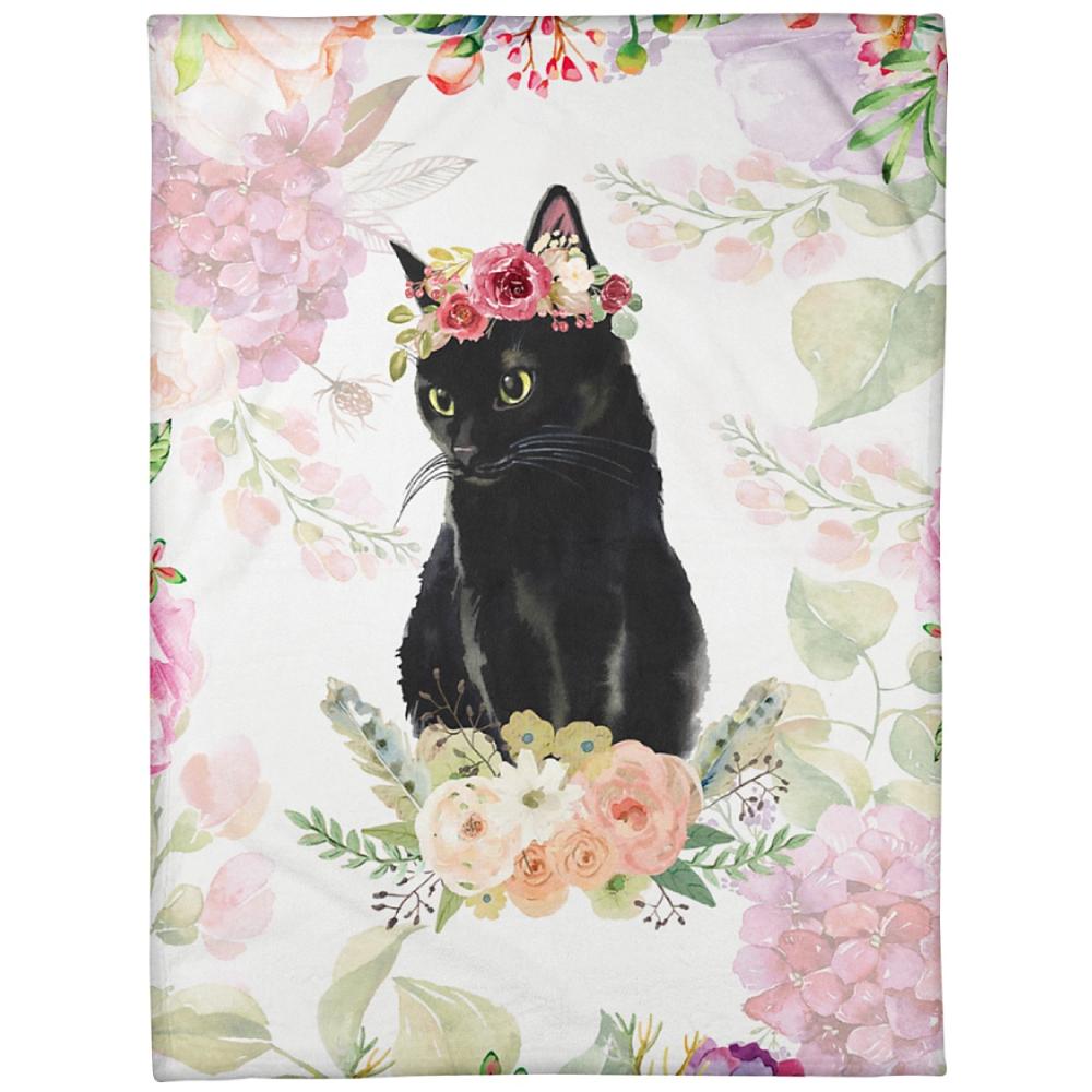 Black Cat Simple White With Flowers Fleece Blanket Family Gift Home Decor Bedding Couch Sofa Soft And Comfy Cozy