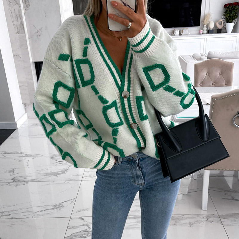 Women Cardigan Green Striped Pink Knit Button Lady Cardigans Sweaters V-neck Loose Casual Winter Fashion Knitted Coat alx