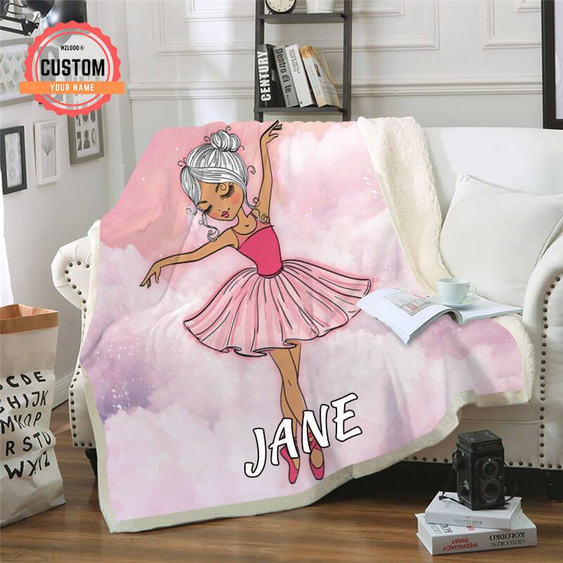 Pink Black Girl Ballet Custom Name Plush Fleece Blanket