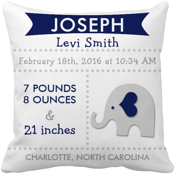 Personalized Baby Name Birth Stats Throw Pillow Cover – Elephant Print