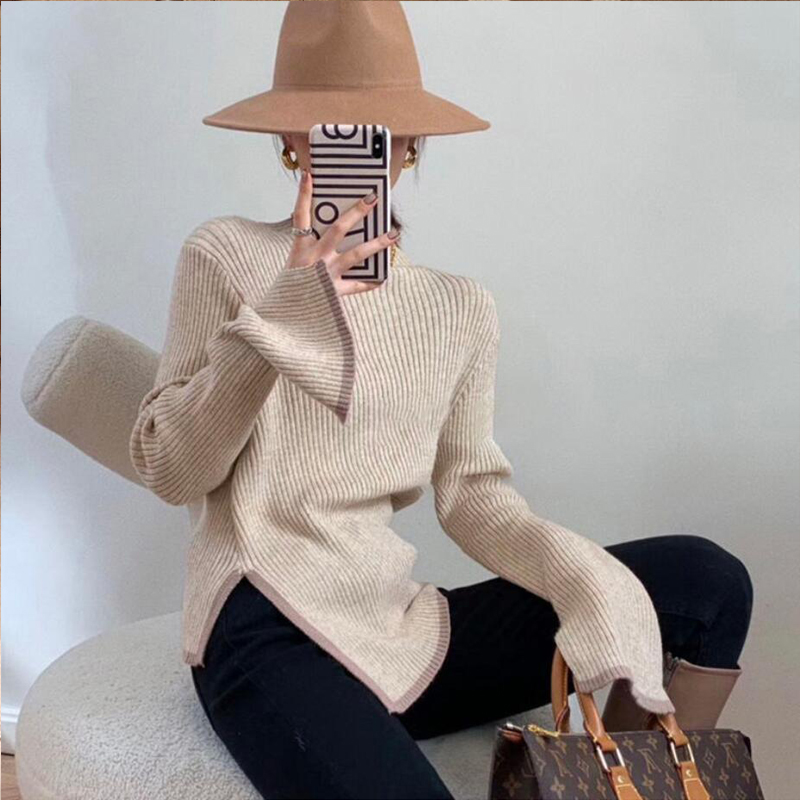 Turtle Neck Women Sweater 2021 Autumn Winter New Casual Side Slit Pullover Tops Korean Fashion Knit Sweaters Long Sleeve Basic alx