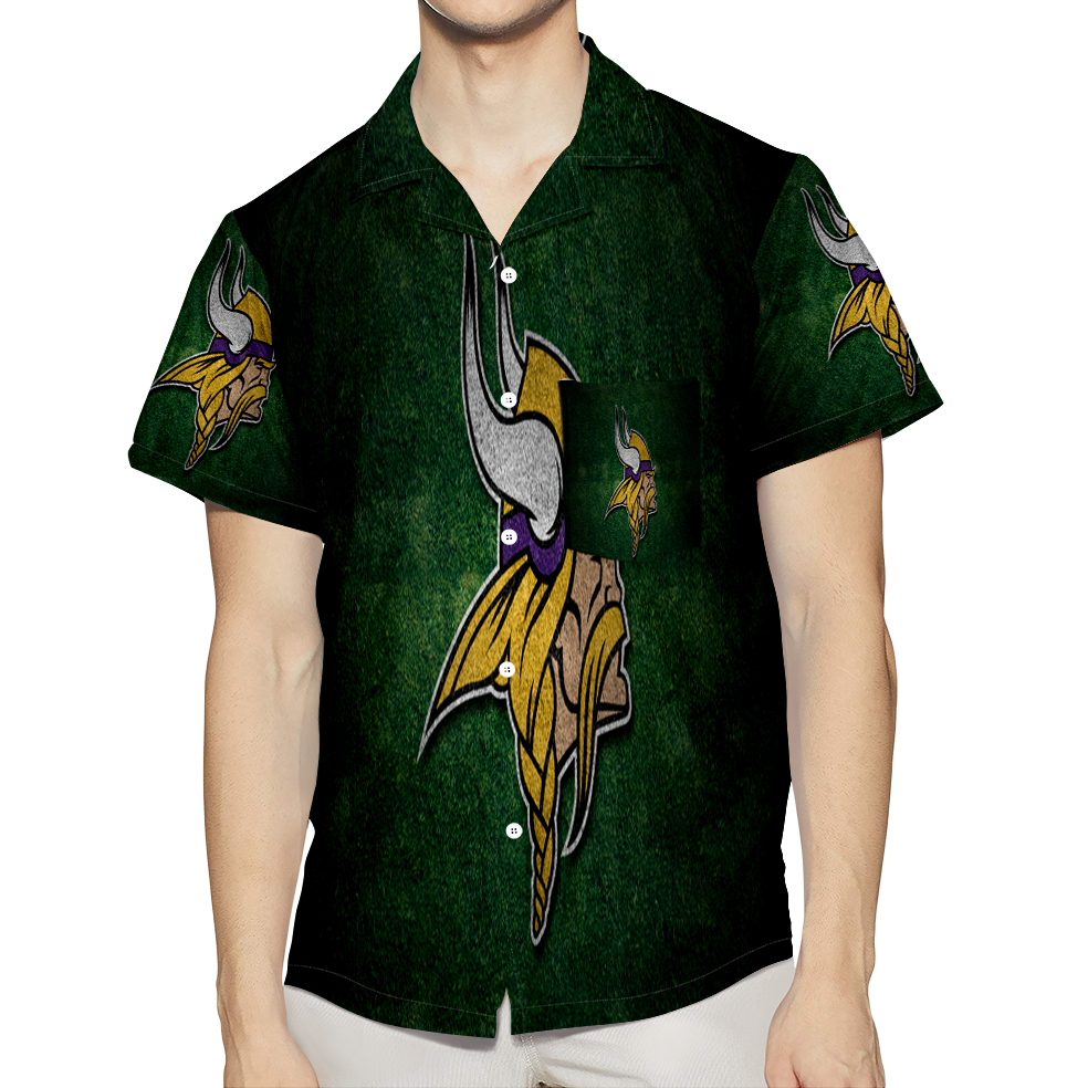 Minnesota Vikings Emblem Grass 3D All Over Print Summer Beach Hawaiian Shirt With Pocket