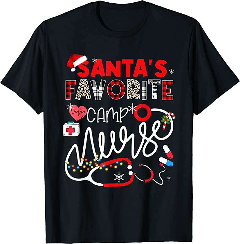 Santa’s Favorite Camp Nurse Xmas Lights Leopard Plaid T-Shirt