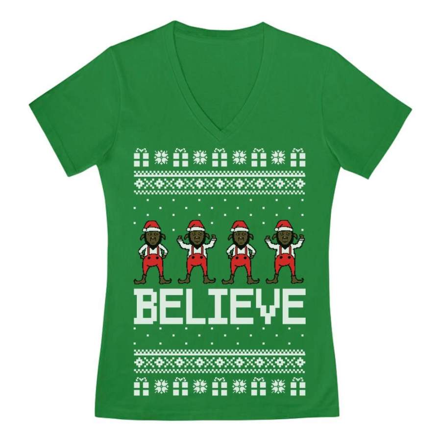 Believe Black Santa Elves Ugly Christmas Sweater V-Neck Fitted Women T-Shirt