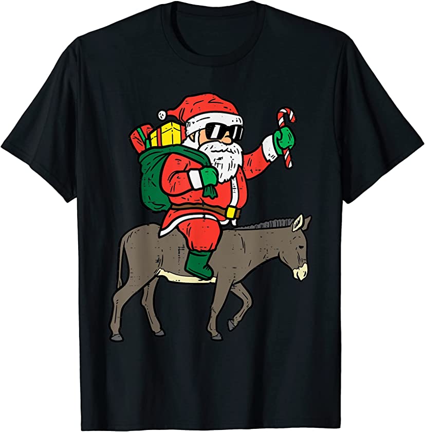 Santa Riding Donkey Funny Animal Christmas PJs Xmas Pajamas T-Shirt