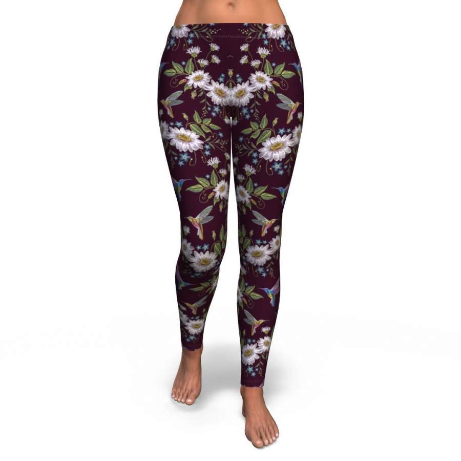 Hummingbird White Daisy Pattern Print Pattern Women Leggings