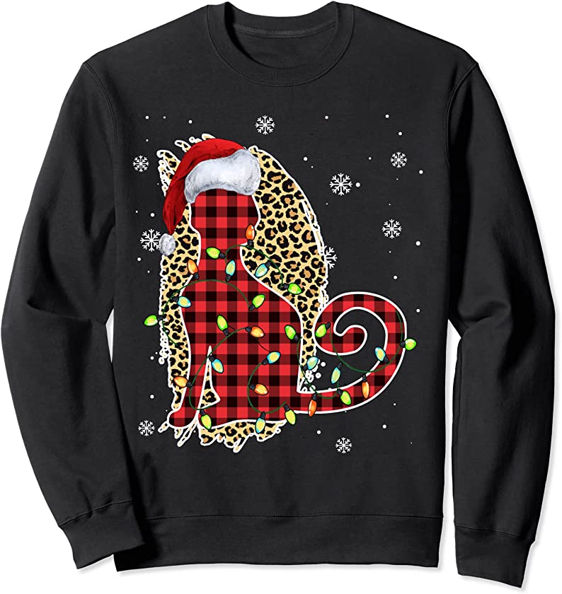 Cat Christmas Leopard Buffalo Plaid Red Santa Hat Cat Xmas Sweatshirt