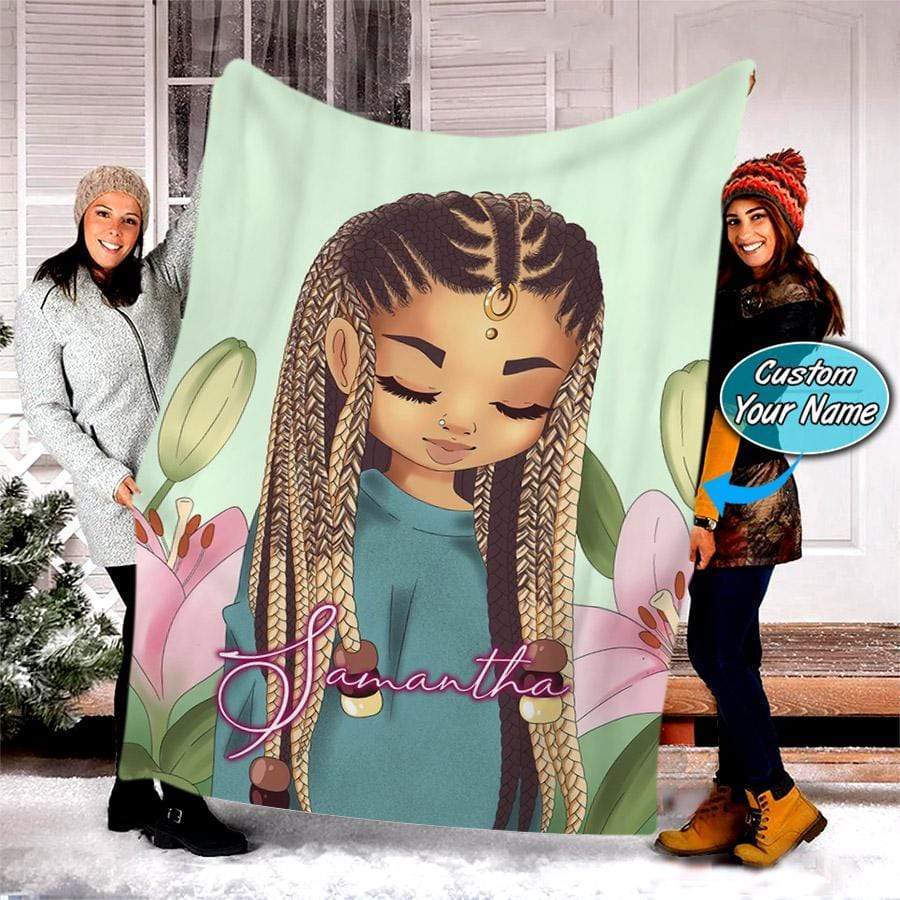 Traditional Black Girl With Flower Customized Name Fleece Blanket #79v