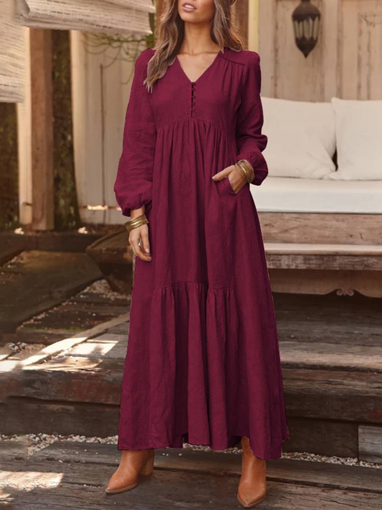 Women Bohemian Sundress ZANZEA Elegant Solid Maxi Robe 2022 Spring Autumn Fashion Ruffle Vestido Party Cotton V Neck Shirt Dress alx