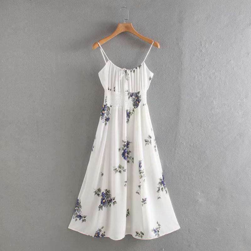 Bazaleas Elastic Waist womenes dress France spaghetti strap summer Dress Elegant midi dress Chic Floral Print White vestido alx