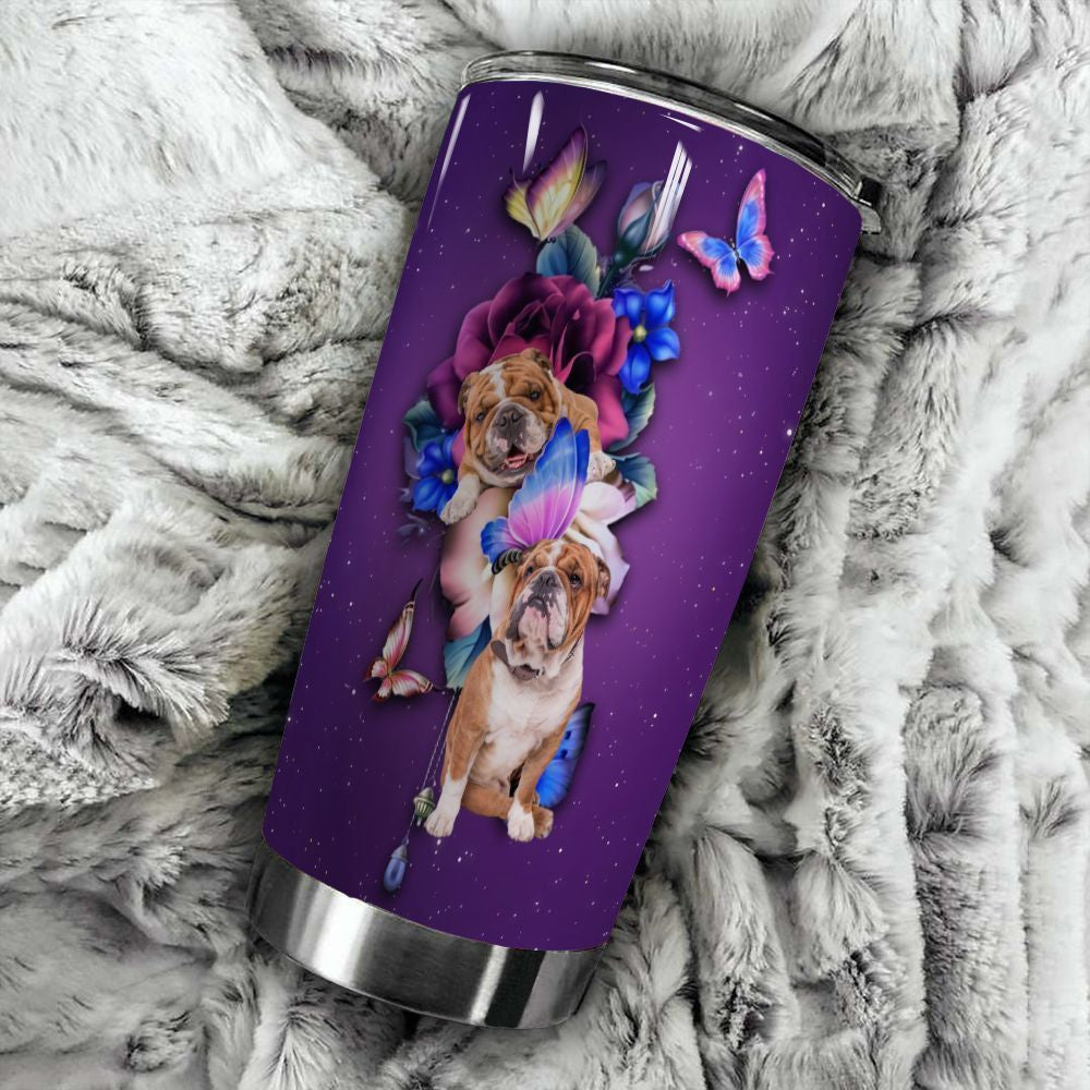 Pug And Purple Flowers Personalized Name Stainless Steel Tumbler Dldre