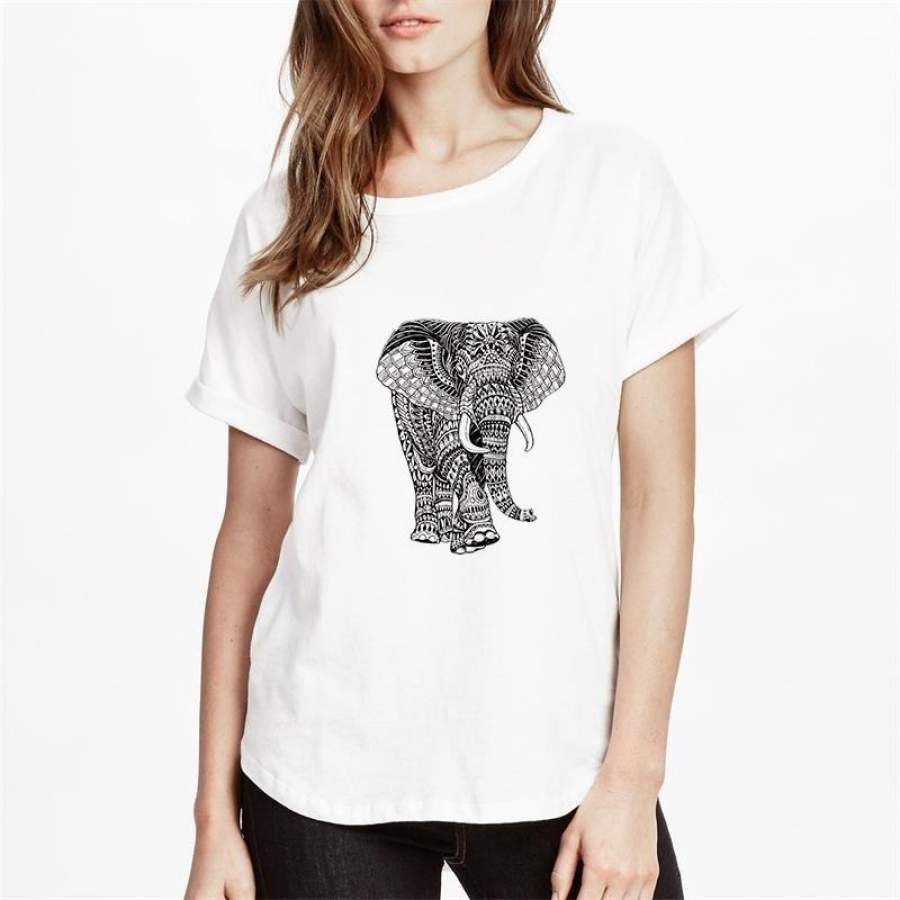 Ethnic Style Black White Elephants Summer Women T-shirt Graphic Tee White Avant Garde Tops Tee