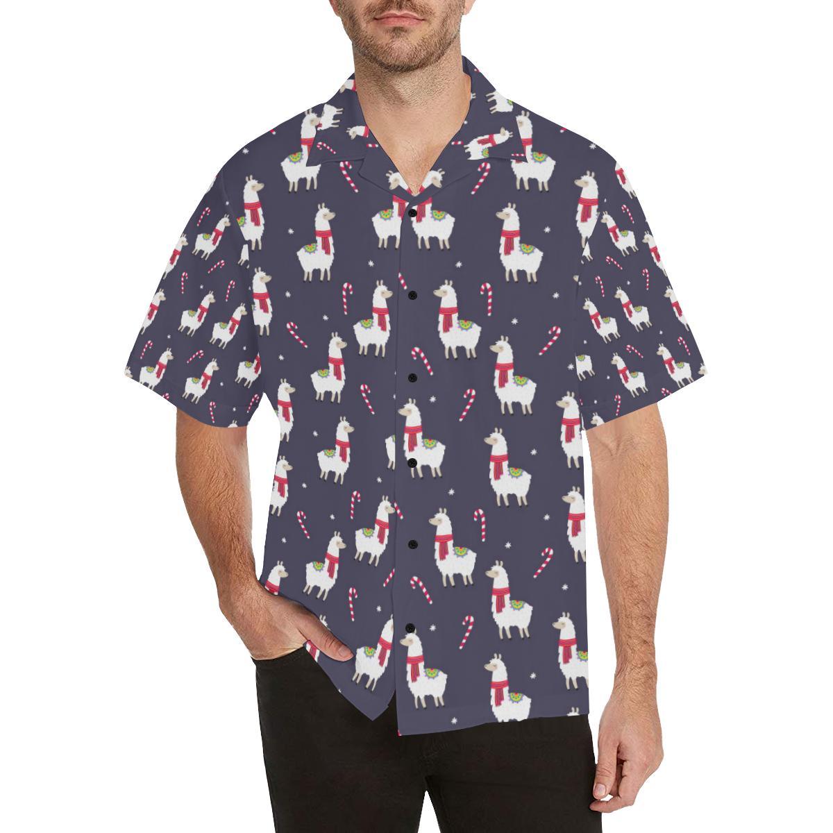 Llama With Candy Cane Themed Print Hawaiian Shirt