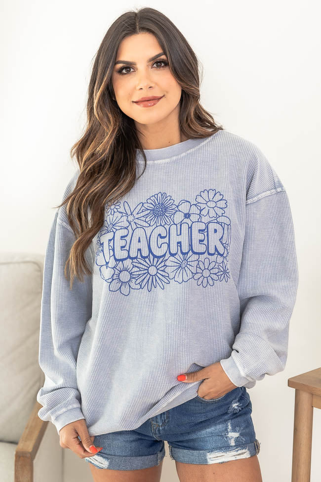 Teacher Floral Faded Denim Corded Graphic Sweatshirt