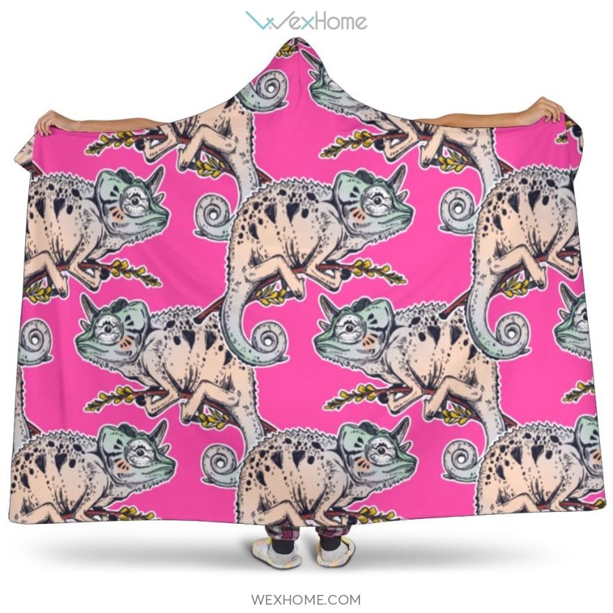 Chameleon Lizard Pattern Pink Background Hooded Blanket