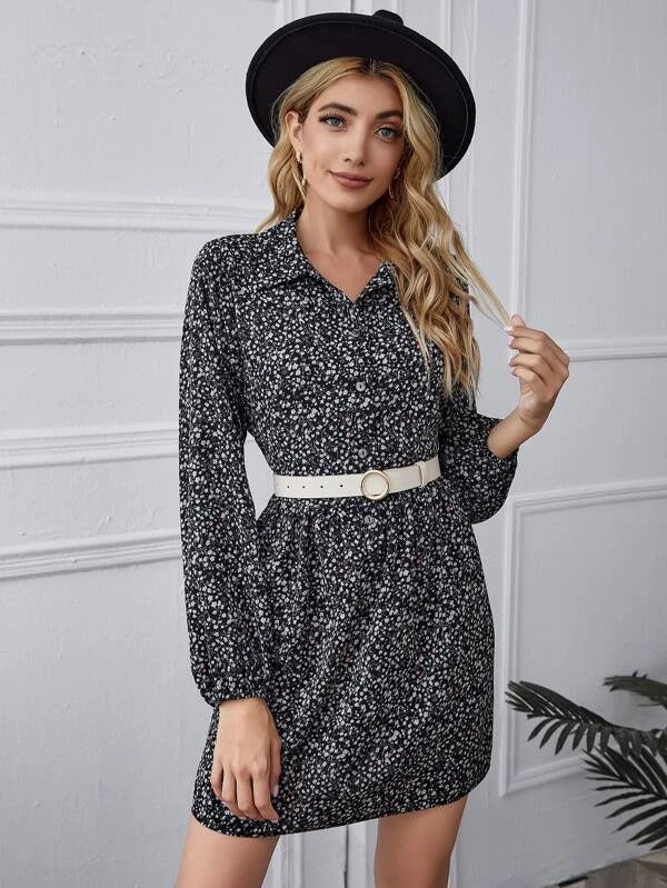 Women Button Front Ditsy Floral Print Dress Without Belt