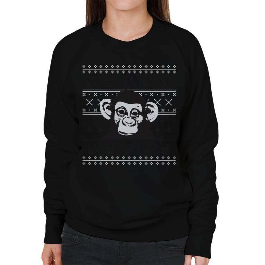 White Chimpanzee Monkey Banana Christmas Knit Women’s Sweatshirt