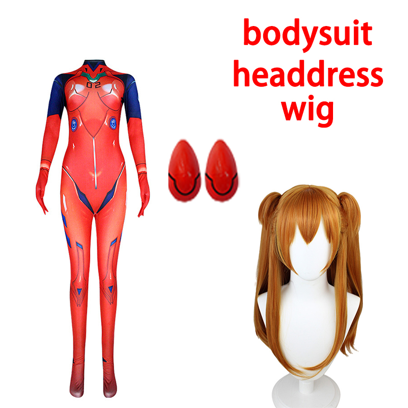 Anime Asuka Langley Soryu Bodysuit Cosplay Costume Uniform Wig Headdress Suit Halloween Sexy Jumpsuit for Women alx