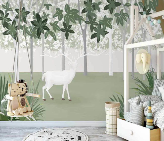 3D Hand Drawn Tree Plant White Buck Animal Wall Mural Wallpaper Lxl