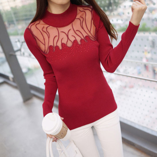 Spring and Autumn New Slim Fit Stretch Bottoming Shirt Sweater Women’s Pullover Long Sleeve Sexy Cutout Women’s Lace Sweater alx