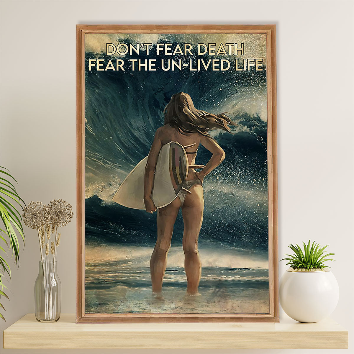 Water Surfing Canvas Wall Art Prints | Girl Surfing – Fear The Un-Lived Life | Home Décor Gift For Beach Surfer