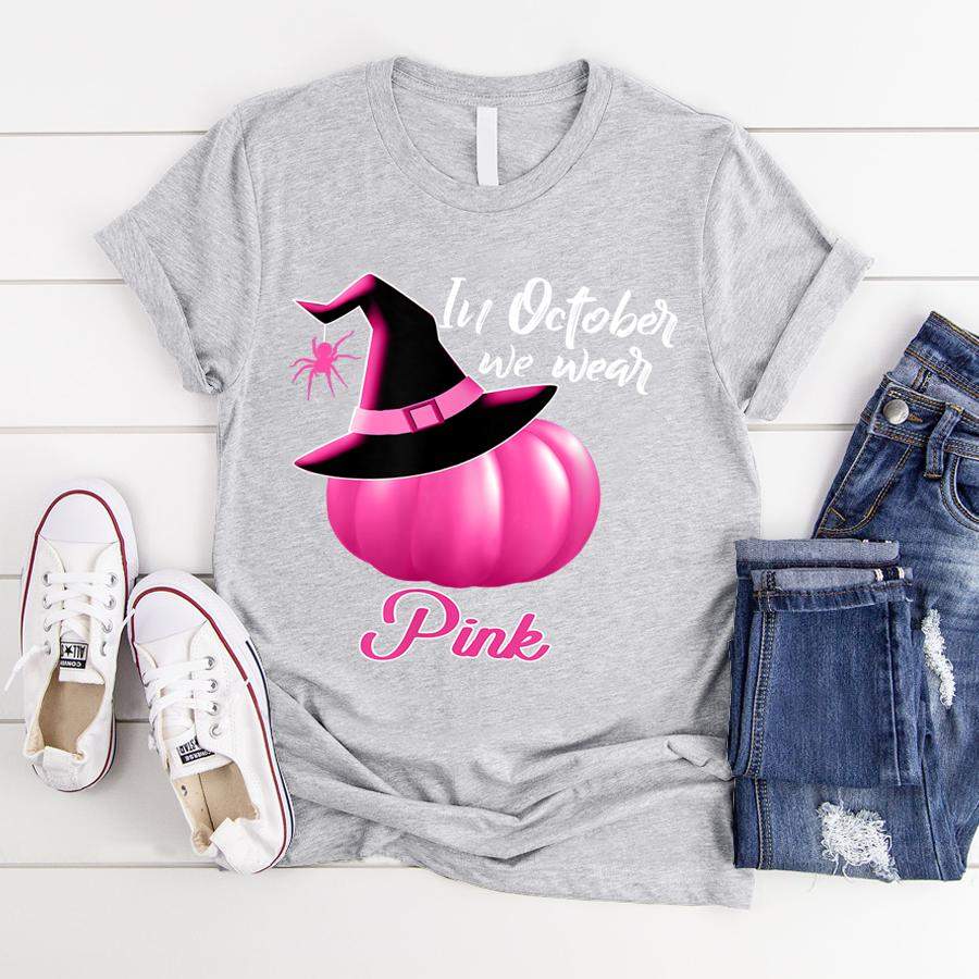 October Wear Pink Halloween Witch Pumpkin Breast Cancer  T-Shirt