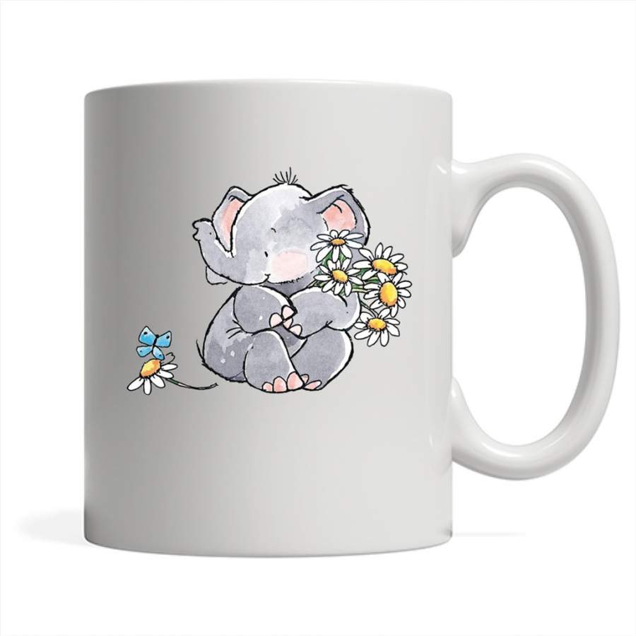 Watercolor Cute Baby Elephant With Butterfly and Flowers – Full-Wrap Coffee White Mug